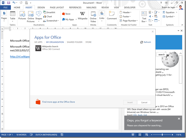 Apps for Office catalog in Word (desktop) client